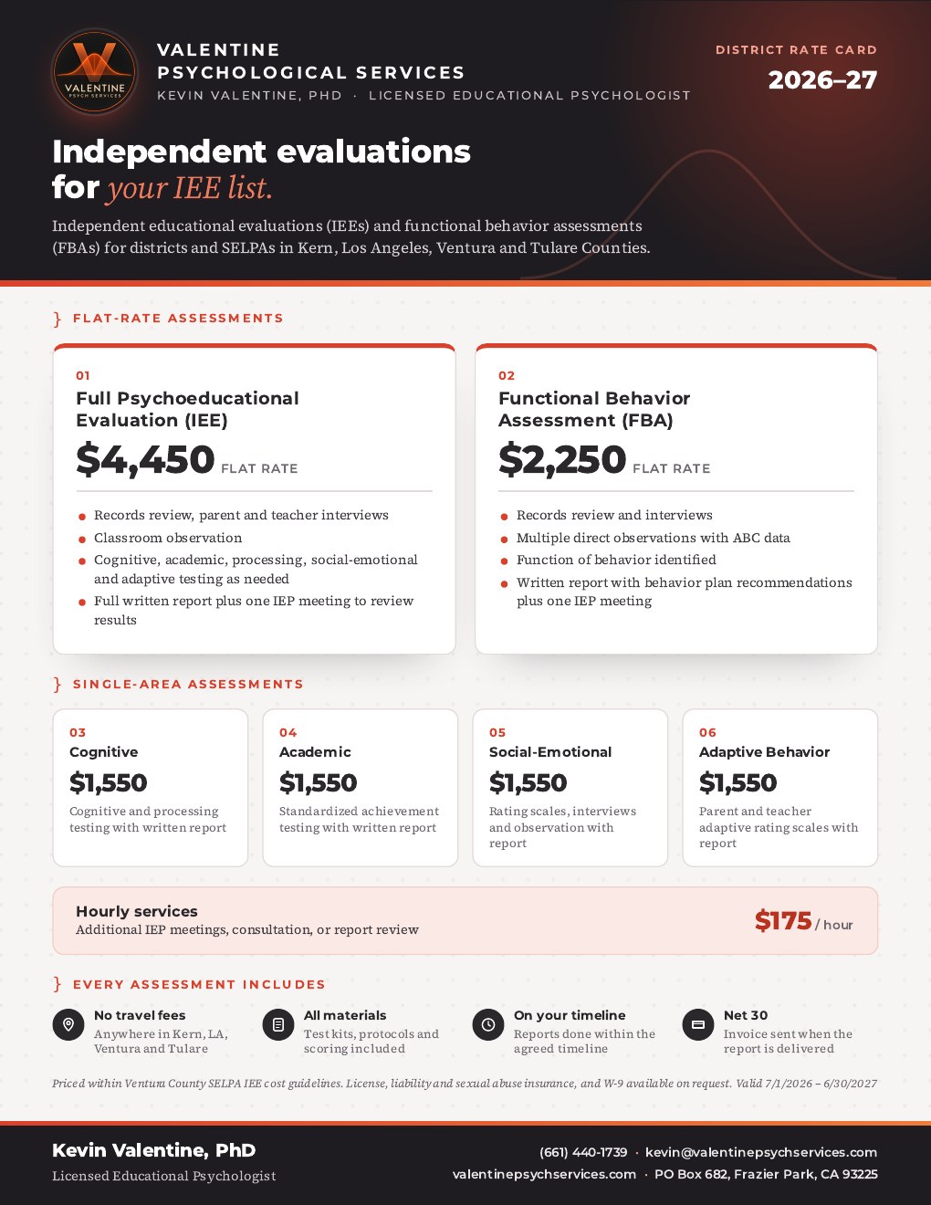 Valentine Psychological Services 2026-27 district rate card: Full psychoeducational evaluation (IEE) $4,450; Functional behavior assessment (FBA) $2,250; Cognitive, Academic, Social-Emotional and Adaptive Behavior assessments $1,550 each; Hourly services $175 per hour.